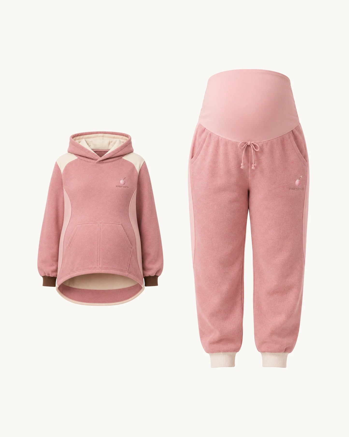 PinkyCoco Coco Bump Maternity Women's Fleece Hoodie & Jogger Set, front thumbnail on warm ivory background