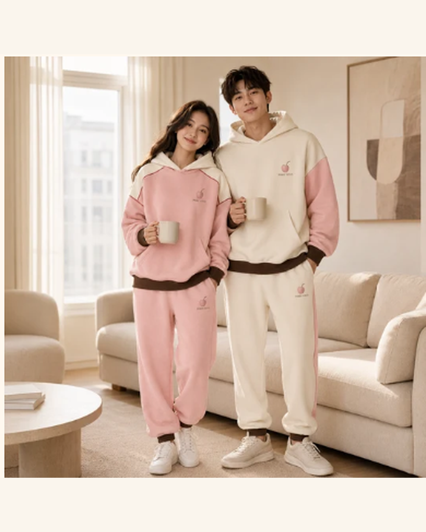 PinkyCoco Coco Duo couple wearing matching fleece hoodie and jogger sets