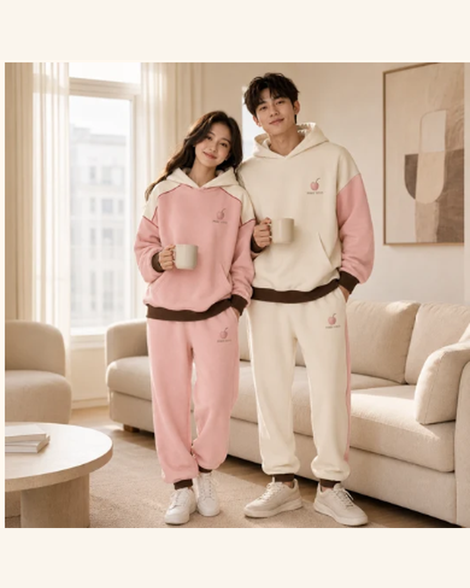 PinkyCoco Coco Duo couple wearing matching fleece hoodie and jogger sets