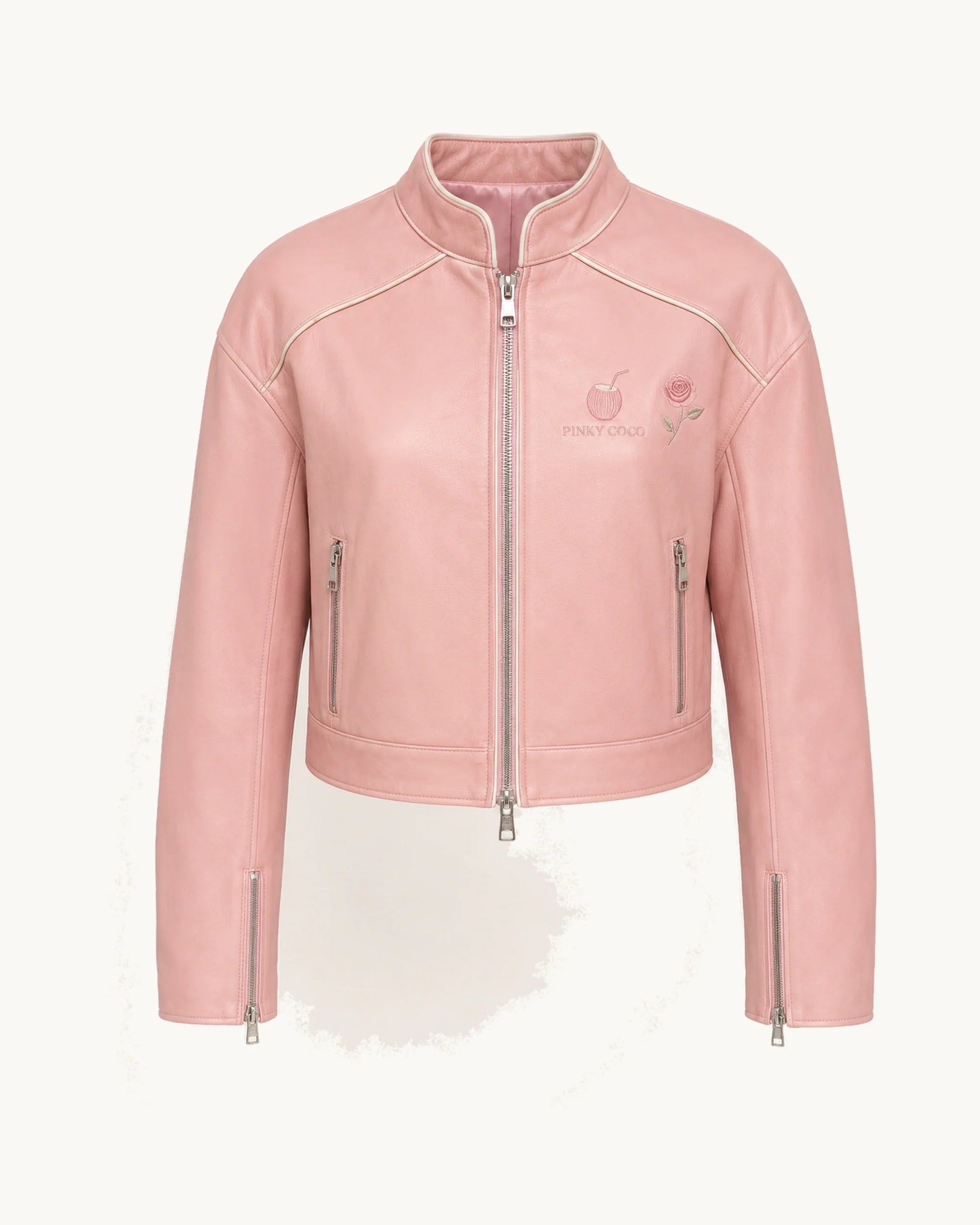 PinkyCoco Coco Rosette Women's Leather Fashion Jacket, front thumbnail on warm ivory background