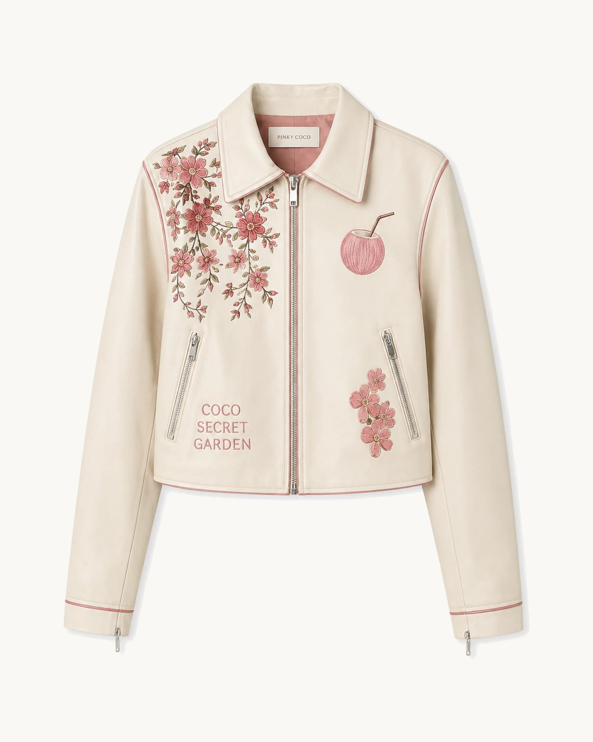PinkyCoco Coco Secret Garden Women's Leather Fashion Jacket, front thumbnail on warm ivory background
