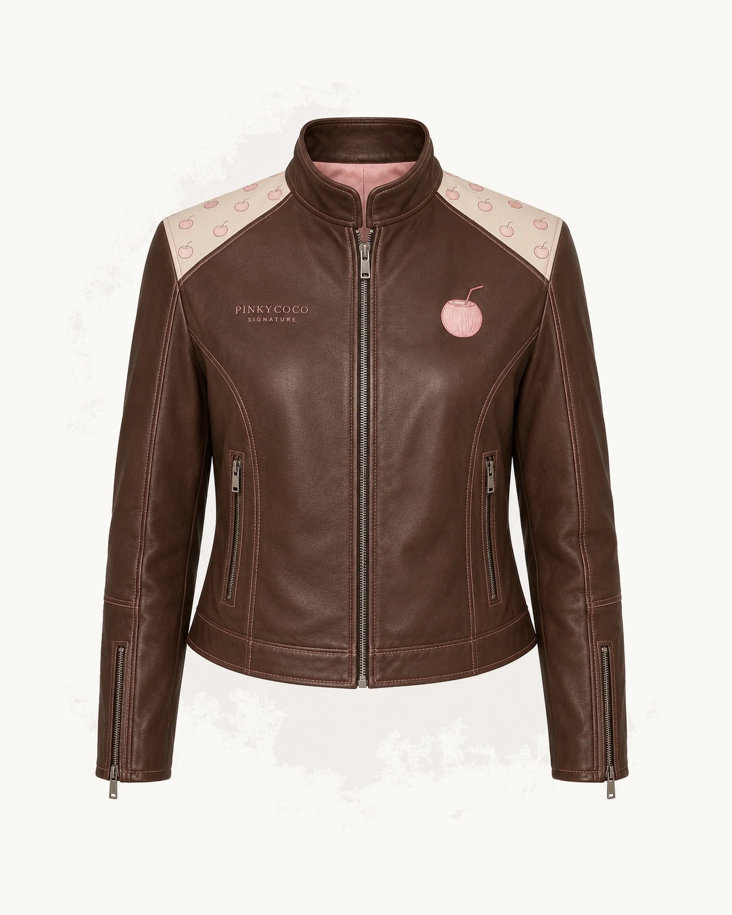 PinkyCoco Coco Signature Printed Women's Leather Fashion Jacket, front thumbnail on warm ivory background