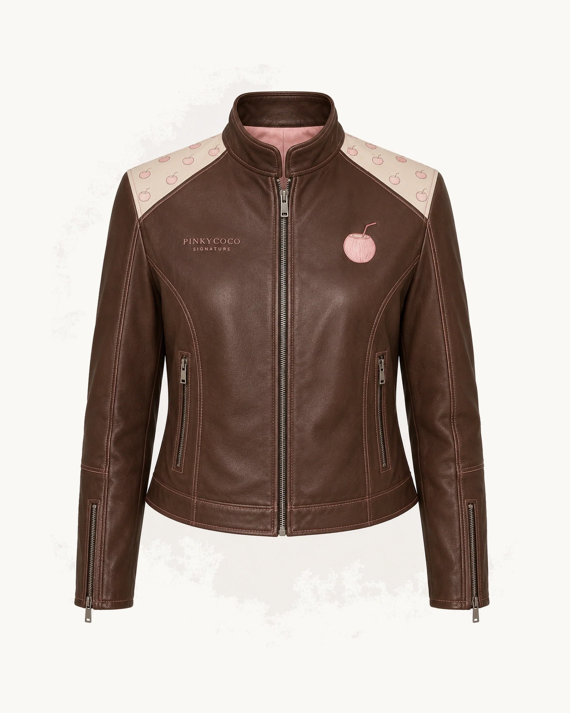 PinkyCoco Coco Signature Printed Women's Leather Fashion Jacket, front thumbnail on warm ivory background