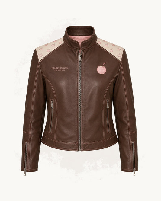 PinkyCoco Coco Signature Printed Women's Leather Fashion Jacket, front thumbnail on warm ivory background