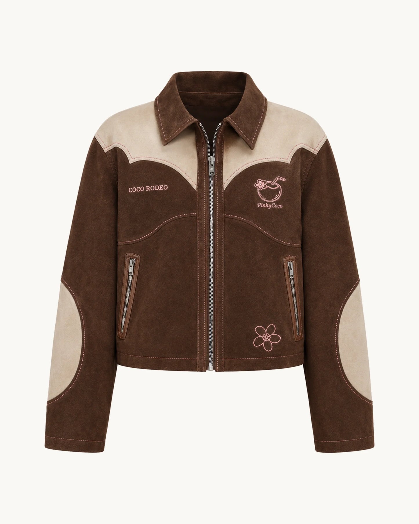 PinkyCoco Cocoa Rodeo Women's Leather Fashion Jacket, front thumbnail on warm ivory background