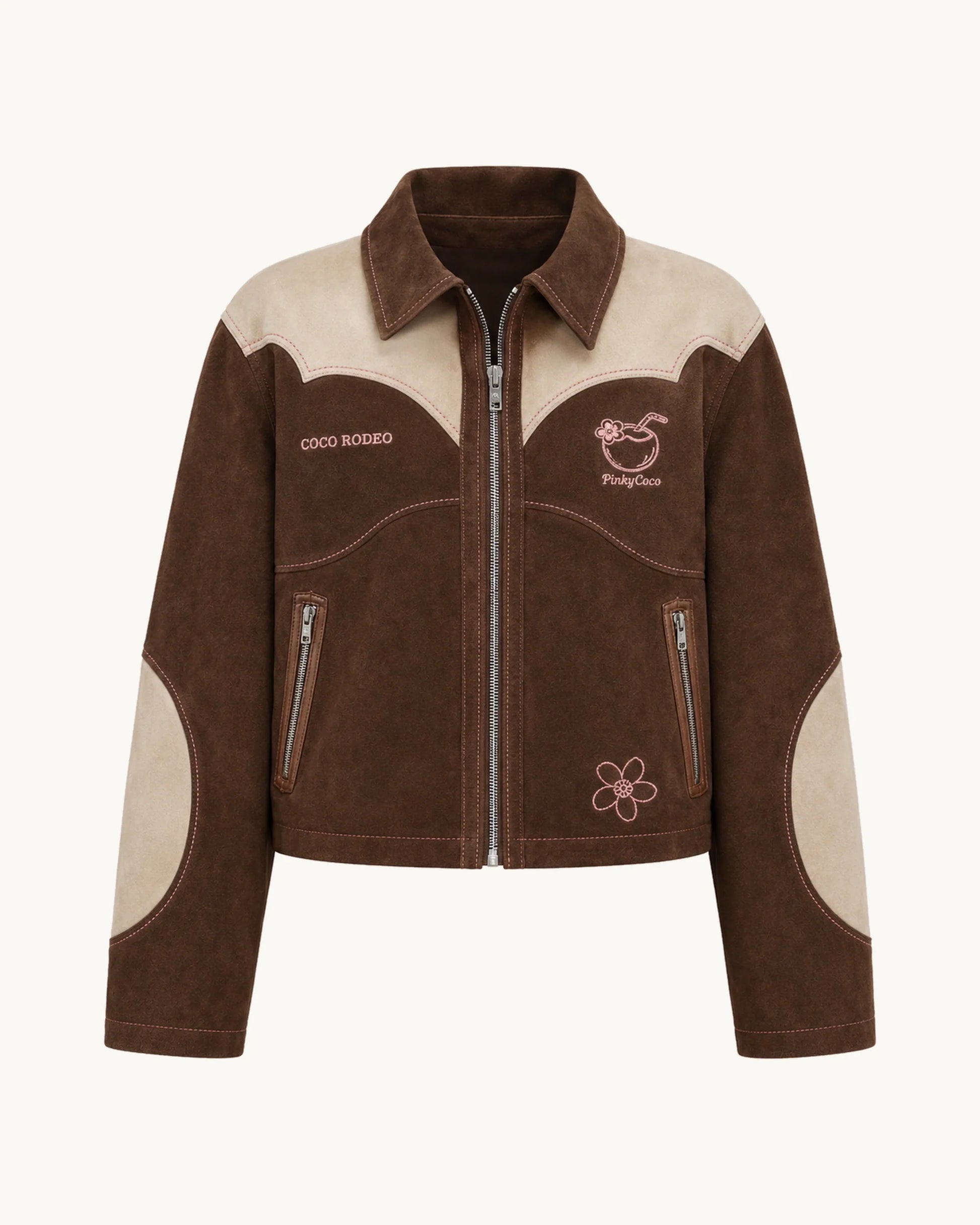 PinkyCoco Cocoa Rodeo Women's Leather Fashion Jacket, front thumbnail on warm ivory background