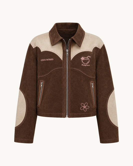 PinkyCoco Cocoa Rodeo Women's Leather Fashion Jacket, front thumbnail on warm ivory background