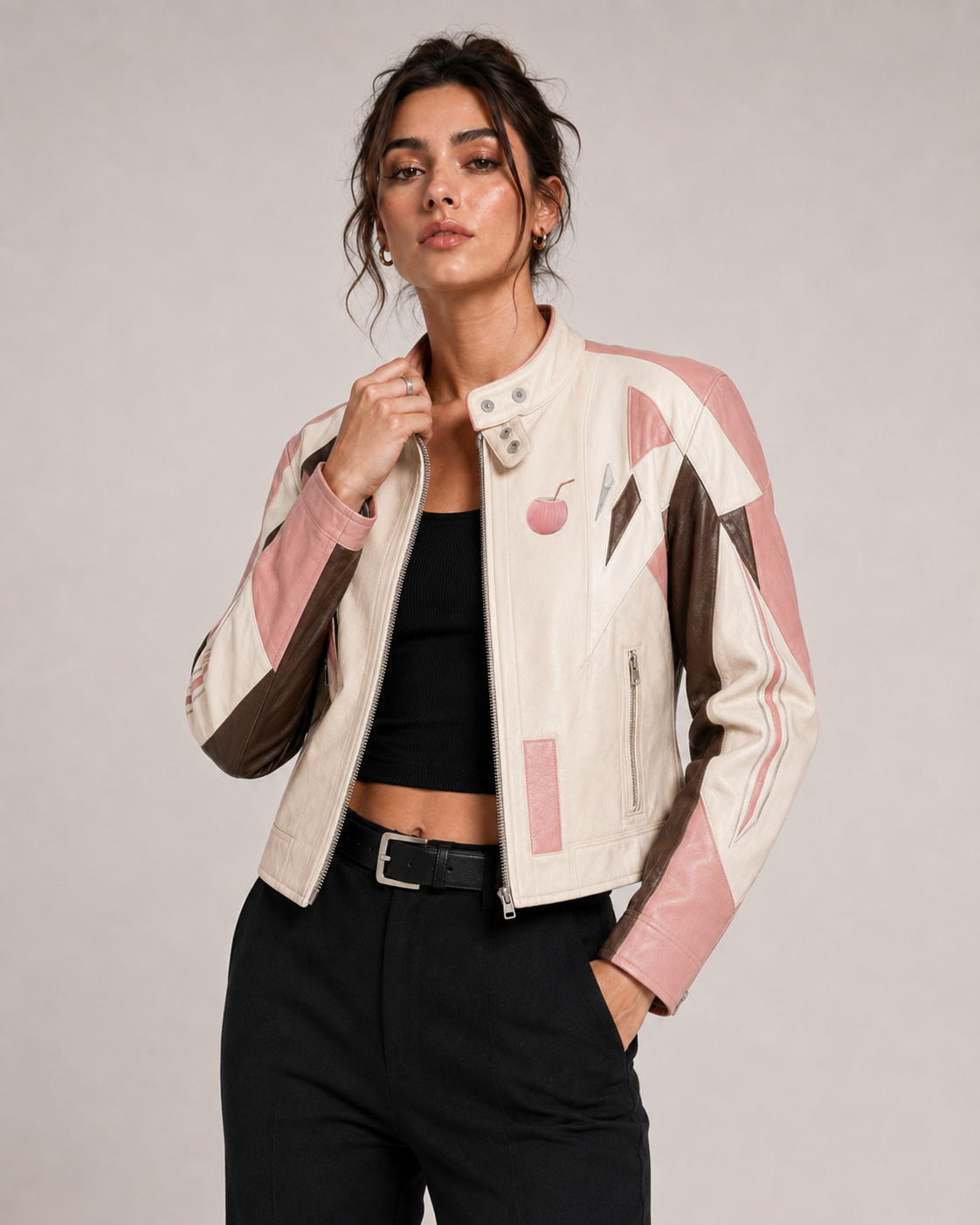 PinkyCoco Coconut Blush women's off-white leather jacket front model view