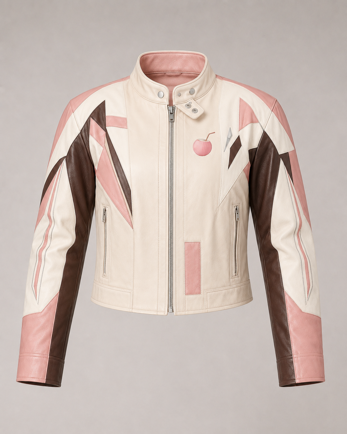 PinkyCoco Coconut Blush off-white pink brown leather jacket front product view