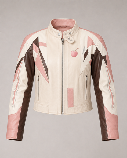 PinkyCoco Coconut Blush off-white pink brown leather jacket front product view