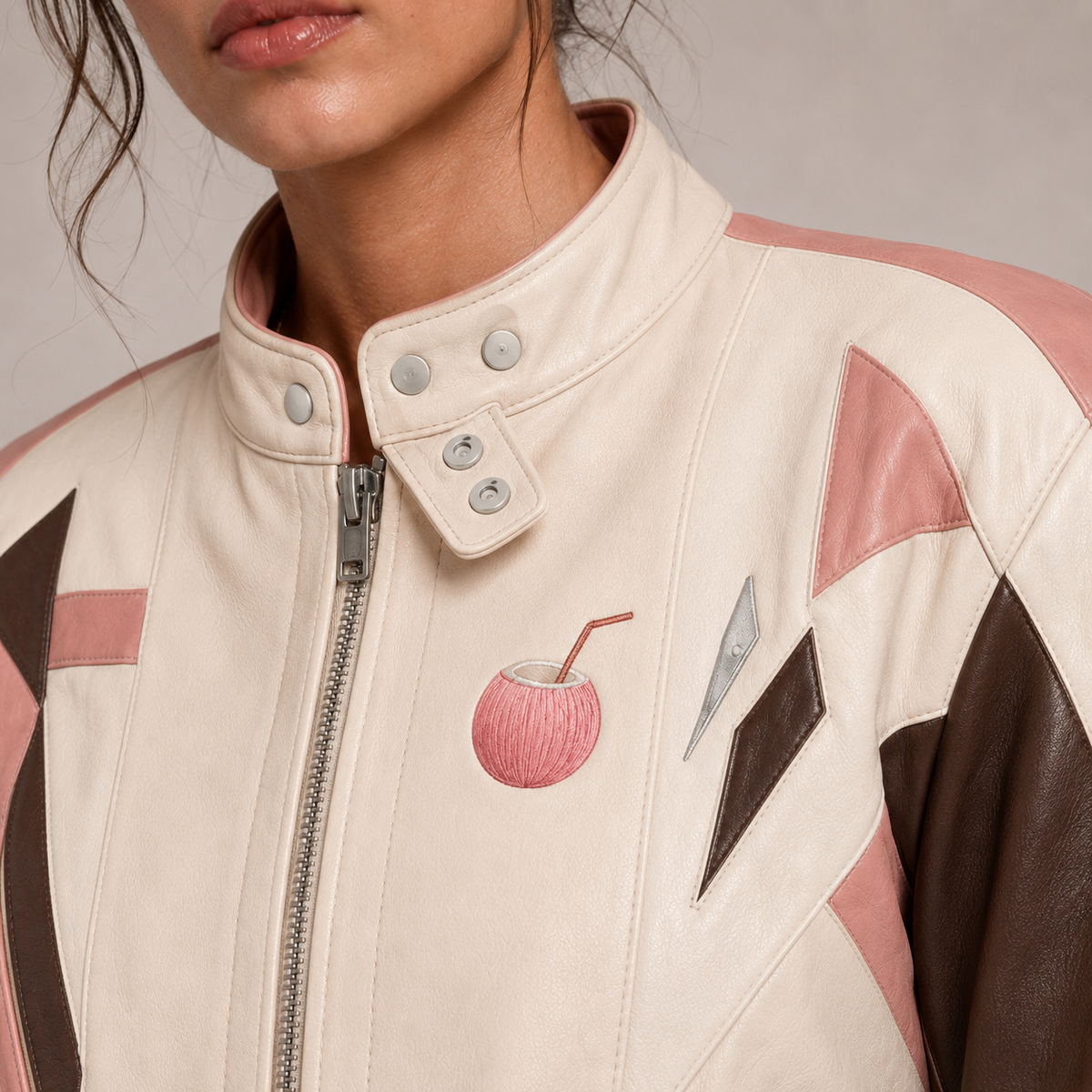 PinkyCoco Coconut Blush jacket collar zipper and coconut emblem detail