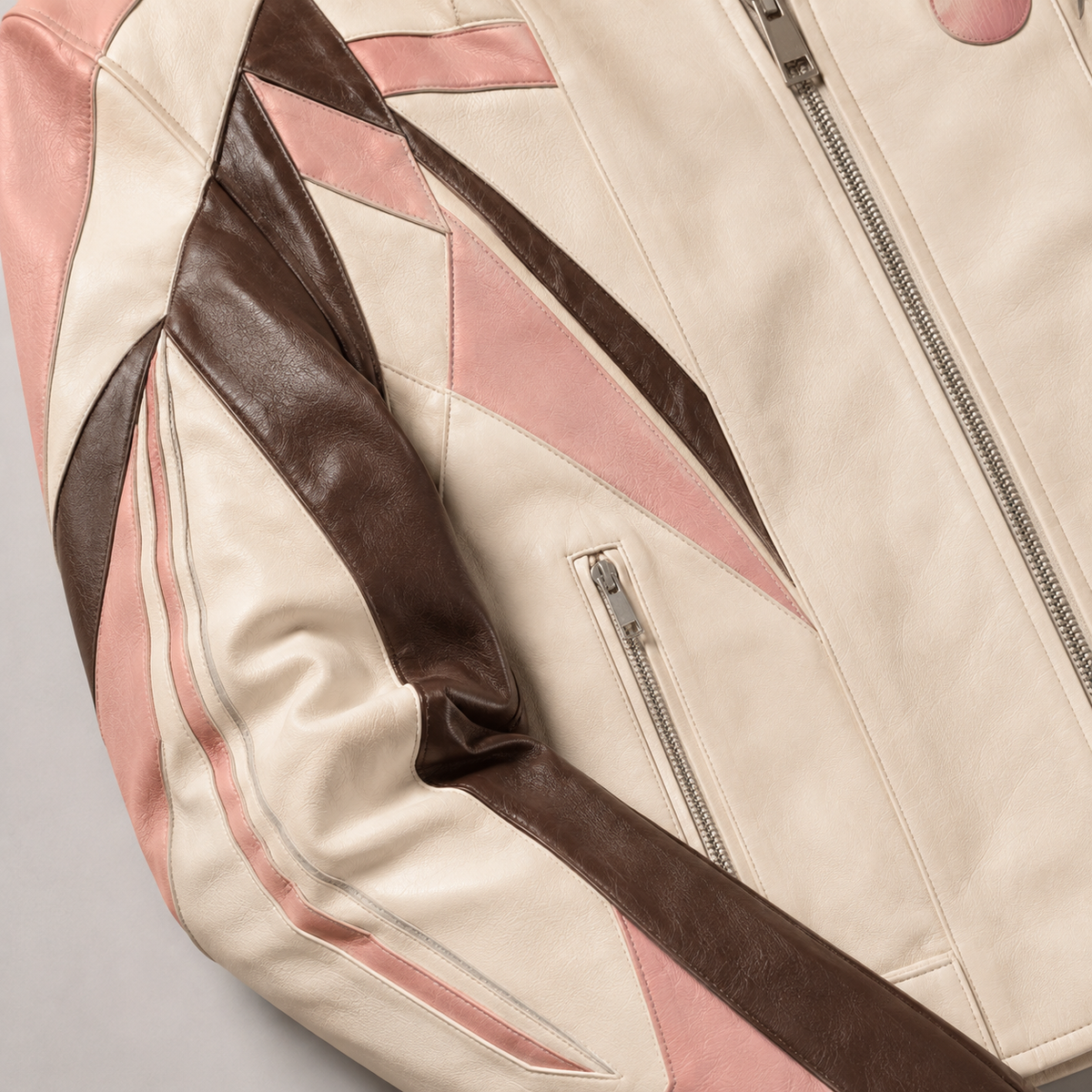 PinkyCoco Coconut Blush leather jacket sleeve panel and zipper detail