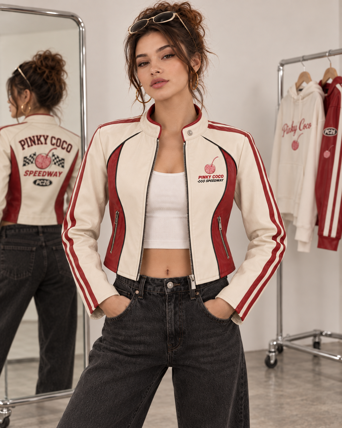 PinkyCoco Speedway women's racing jacket straight front view