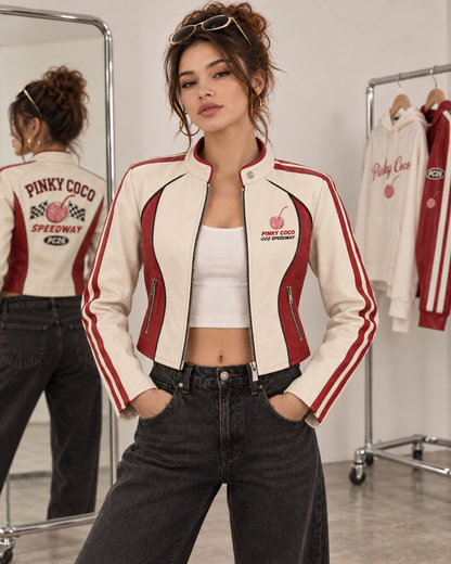 PinkyCoco Speedway women's racing jacket straight front view
