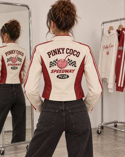 PinkyCoco Speedway cream red racing jacket sleeve stripe and logo detail