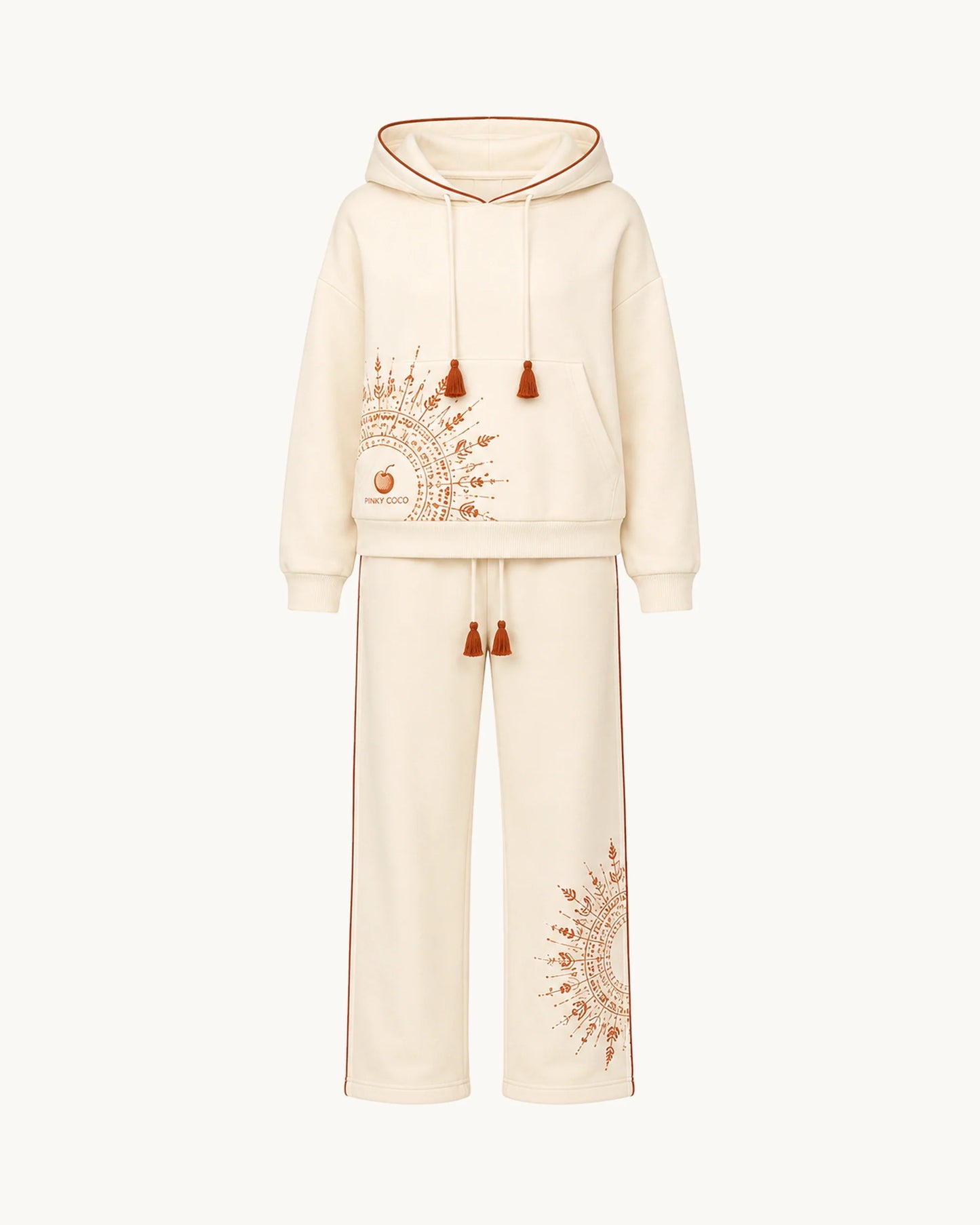 PinkyCoco Cream Sun Mandala Women's Fleece Hoodie & Sweatpants Set, front thumbnail on warm ivory background
