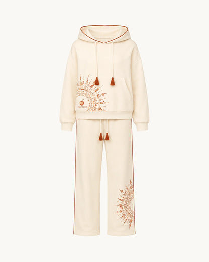 PinkyCoco Cream Sun Mandala Women's Fleece Hoodie & Sweatpants Set, front thumbnail on warm ivory background