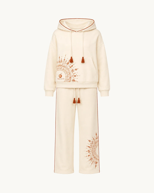 PinkyCoco Cream Sun Mandala Women's Fleece Hoodie & Sweatpants Set, front thumbnail on warm ivory background