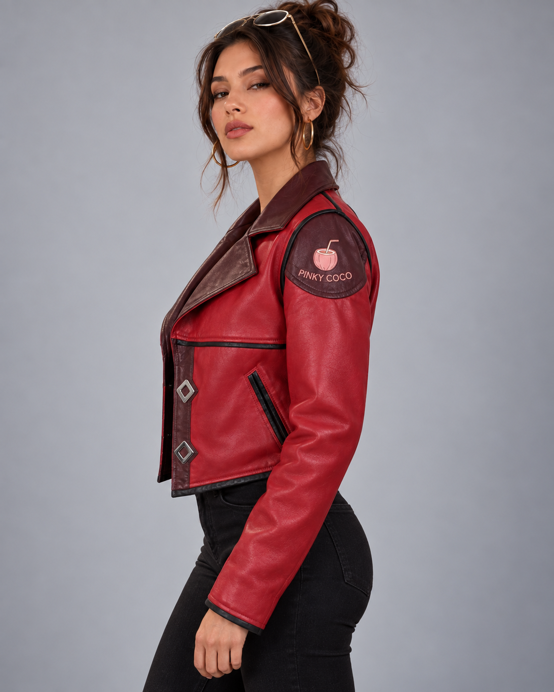 PinkyCoco Crimson Arc women's red leather moto jacket front view