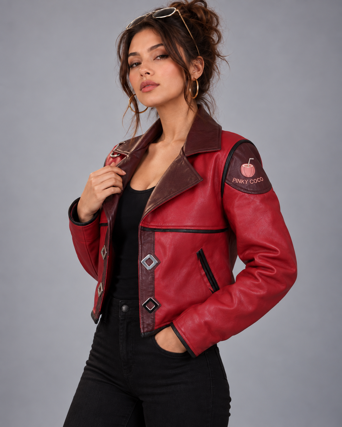PinkyCoco Crimson Arc red leather jacket three-quarter styling