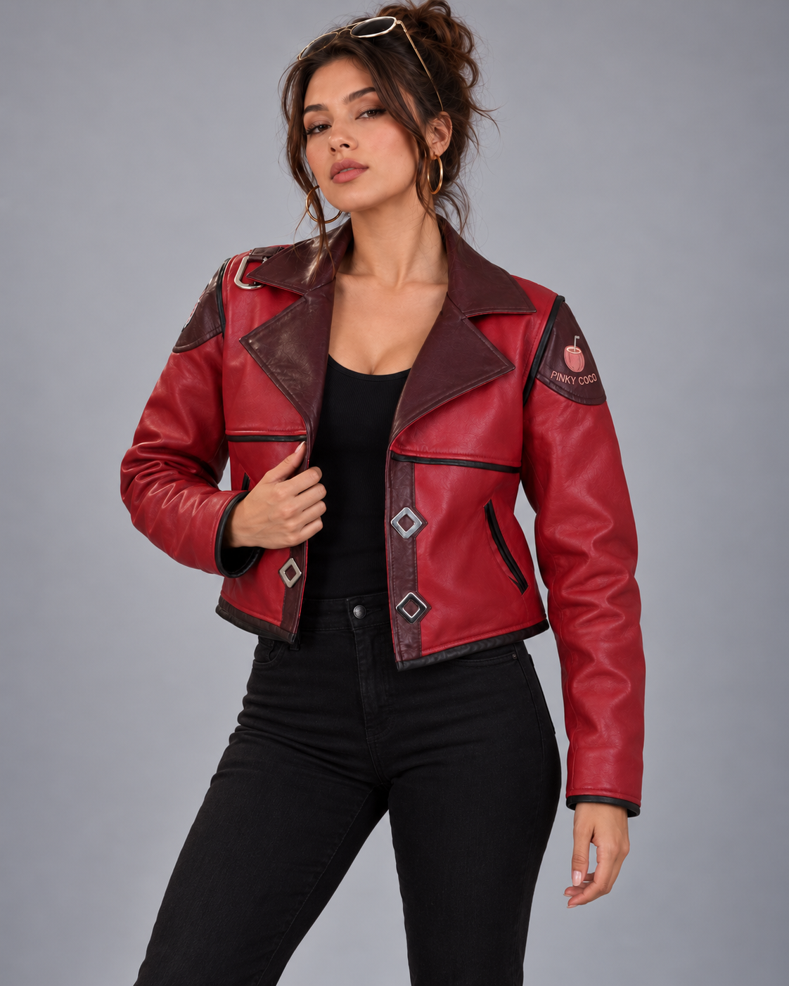 PinkyCoco Crimson Arc women's cropped moto jacket straight front view