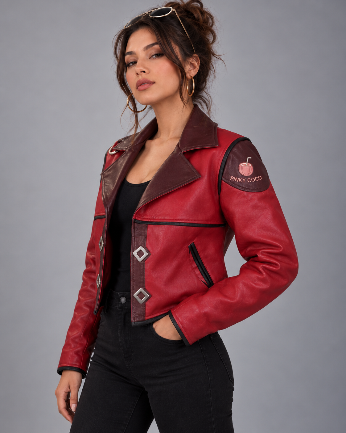 PinkyCoco Crimson Arc red leather jacket side profile