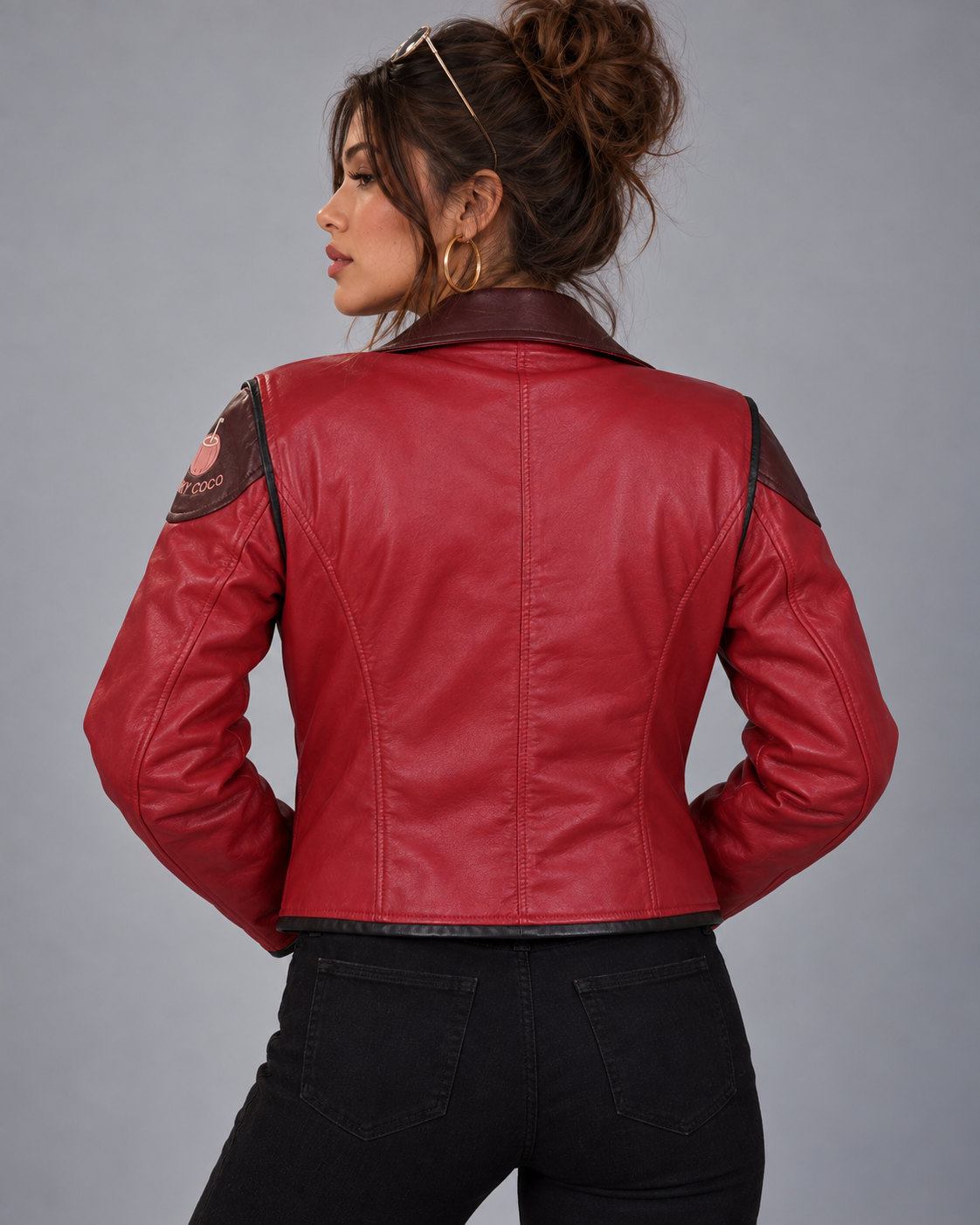 PinkyCoco Crimson Arc women's leather jacket back view