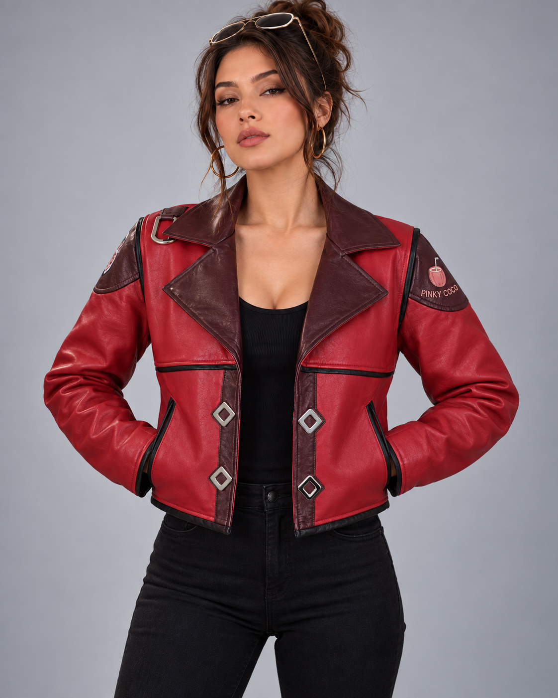 PinkyCoco Crimson Arc jacket lapel zipper and shoulder detail