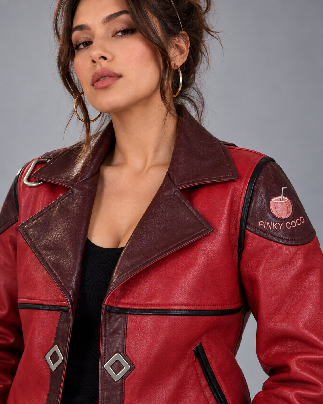 PinkyCoco Crimson Arc red leather moto jacket close-up