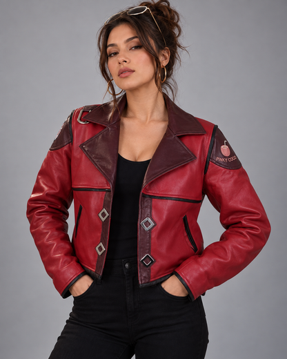 PinkyCoco Crimson Arc women's cropped leather jacket lifestyle styling