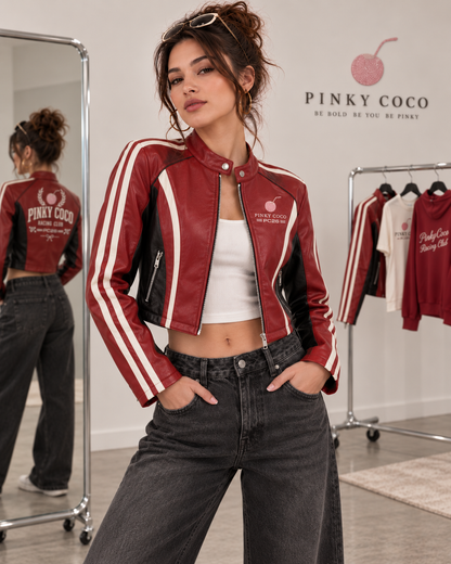 PinkyCoco Crimson Club women's cropped racer straight front view