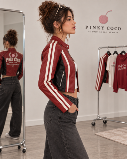 PinkyCoco Crimson Club jacket collar zipper and racing stripe detail