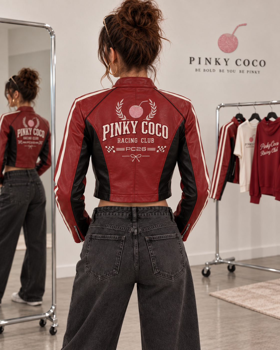PinkyCoco Crimson Club red black white racer close-up