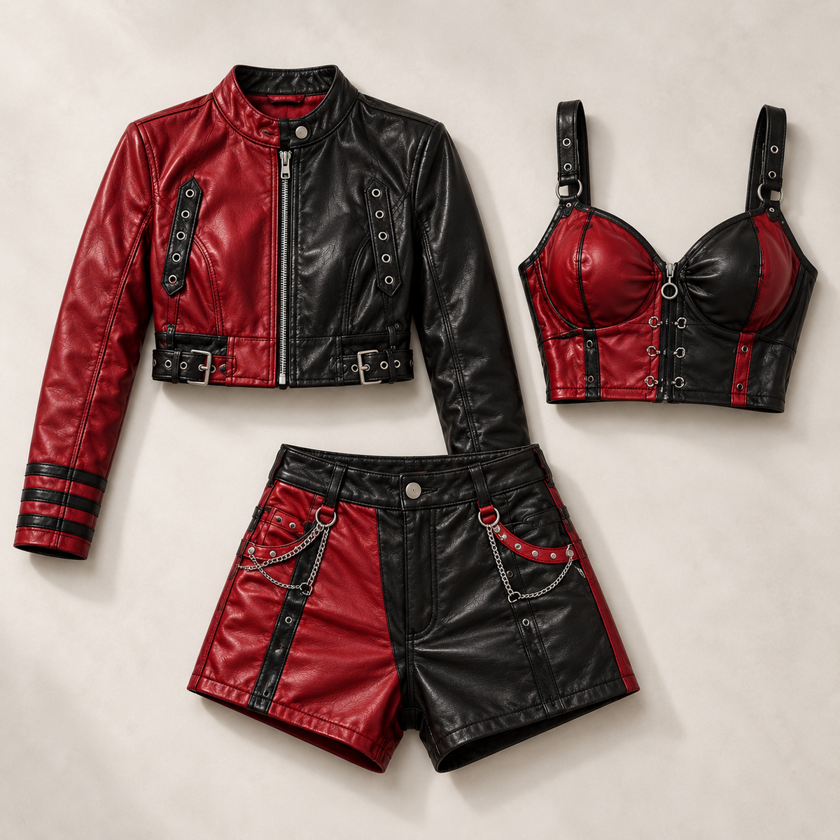 PinkyCoco Crimson Rebel leather jacket crop top and shorts set product view