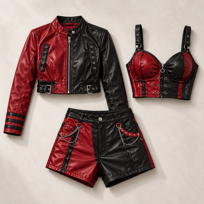 PinkyCoco Crimson Rebel leather jacket crop top and shorts set product view