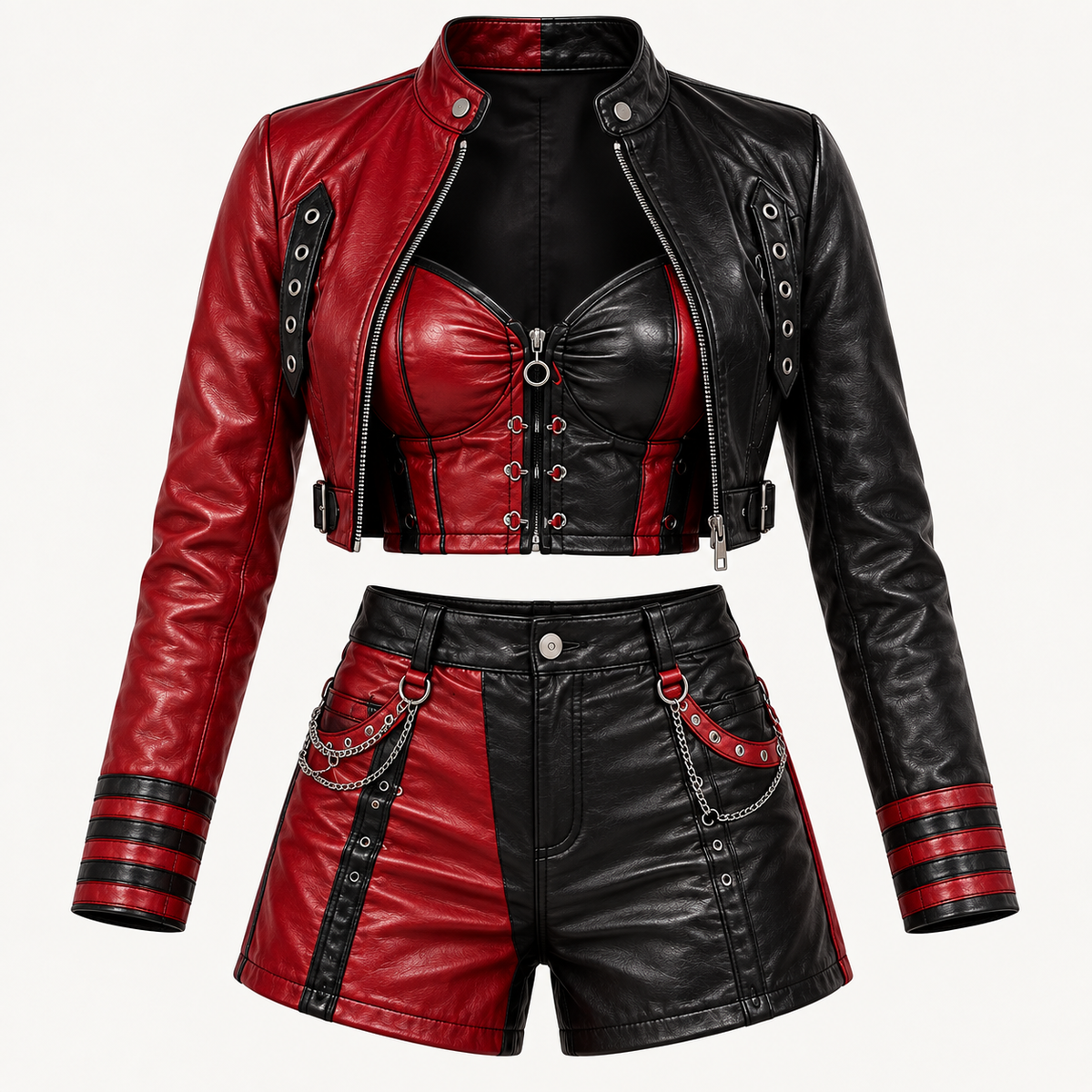 PinkyCoco Crimson Rebel red black leather jacket front detail