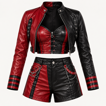 PinkyCoco Crimson Rebel red black leather jacket front detail