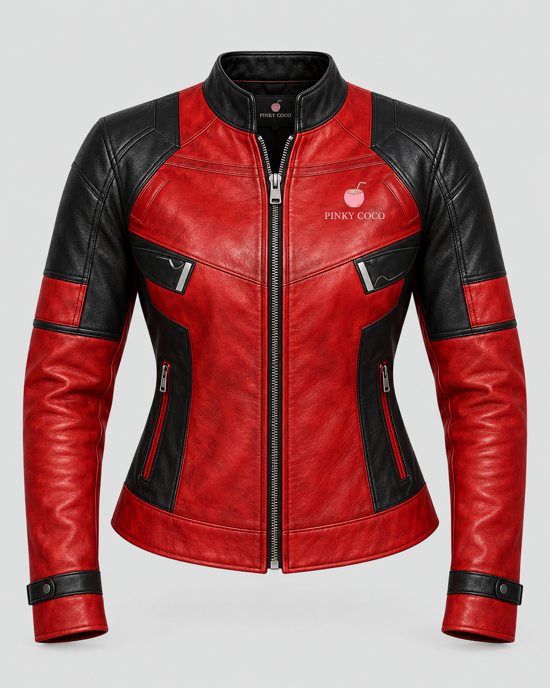 PinkyCoco Crimson Shadow women's red and black leather biker jacket product front view