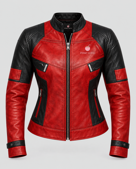 PinkyCoco Crimson Shadow women's red and black leather biker jacket product front view