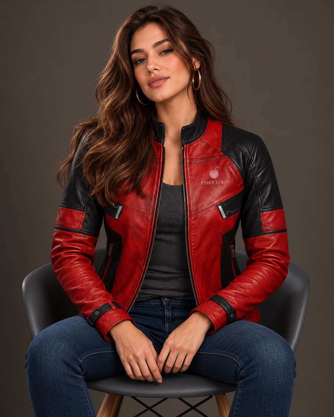 PinkyCoco Crimson Shadow red black leather jacket seated model styling