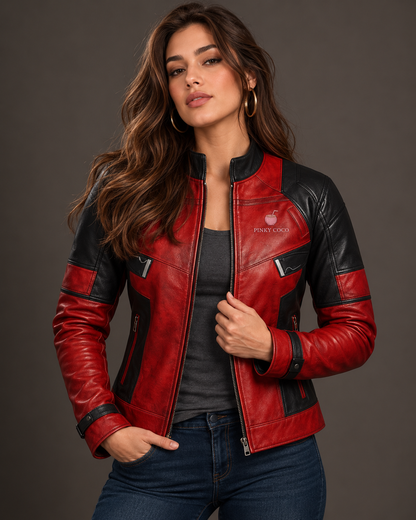 PinkyCoco Crimson Shadow women's biker jacket standing front view