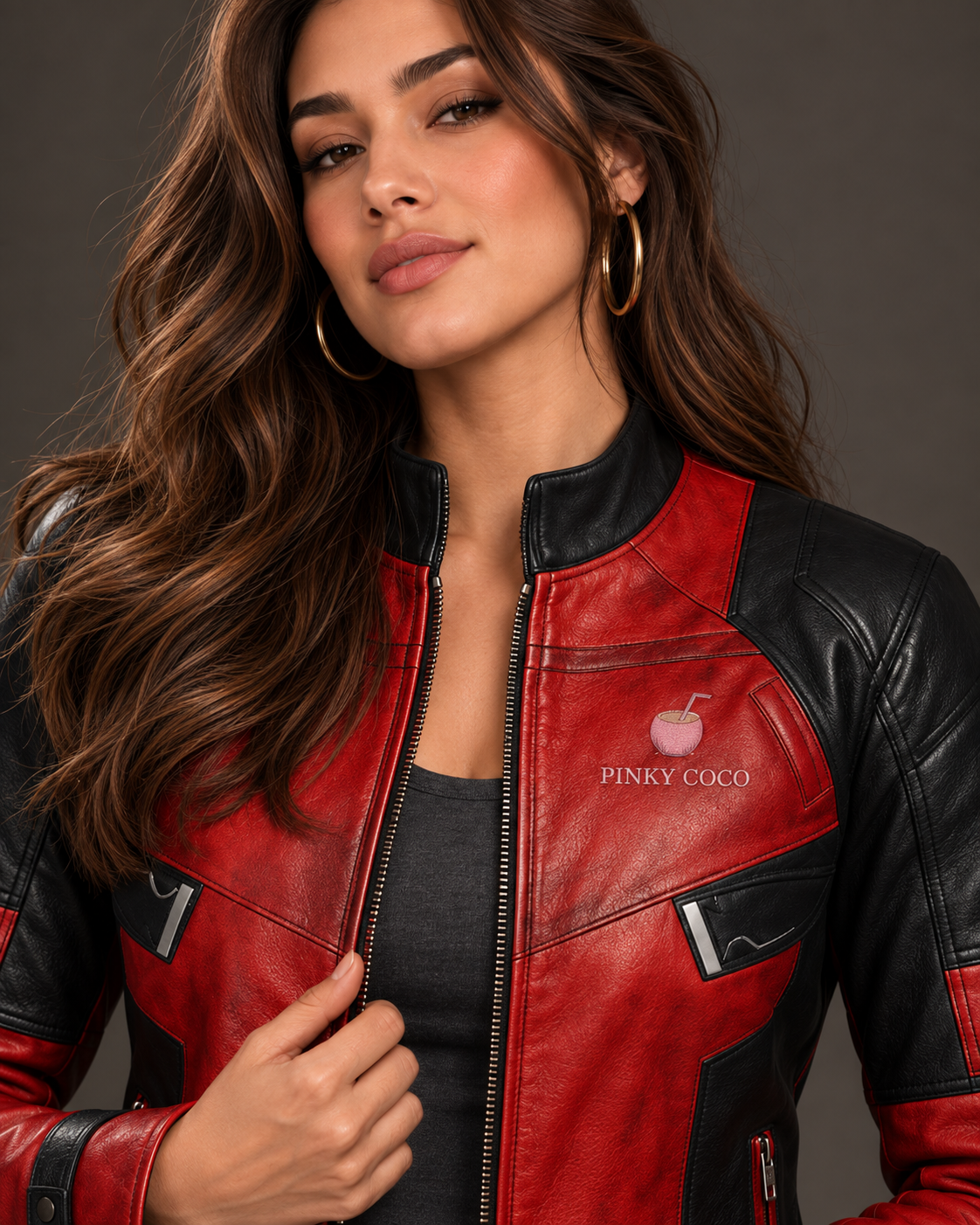 PinkyCoco Crimson Shadow jacket red leather chest and black shoulder detail