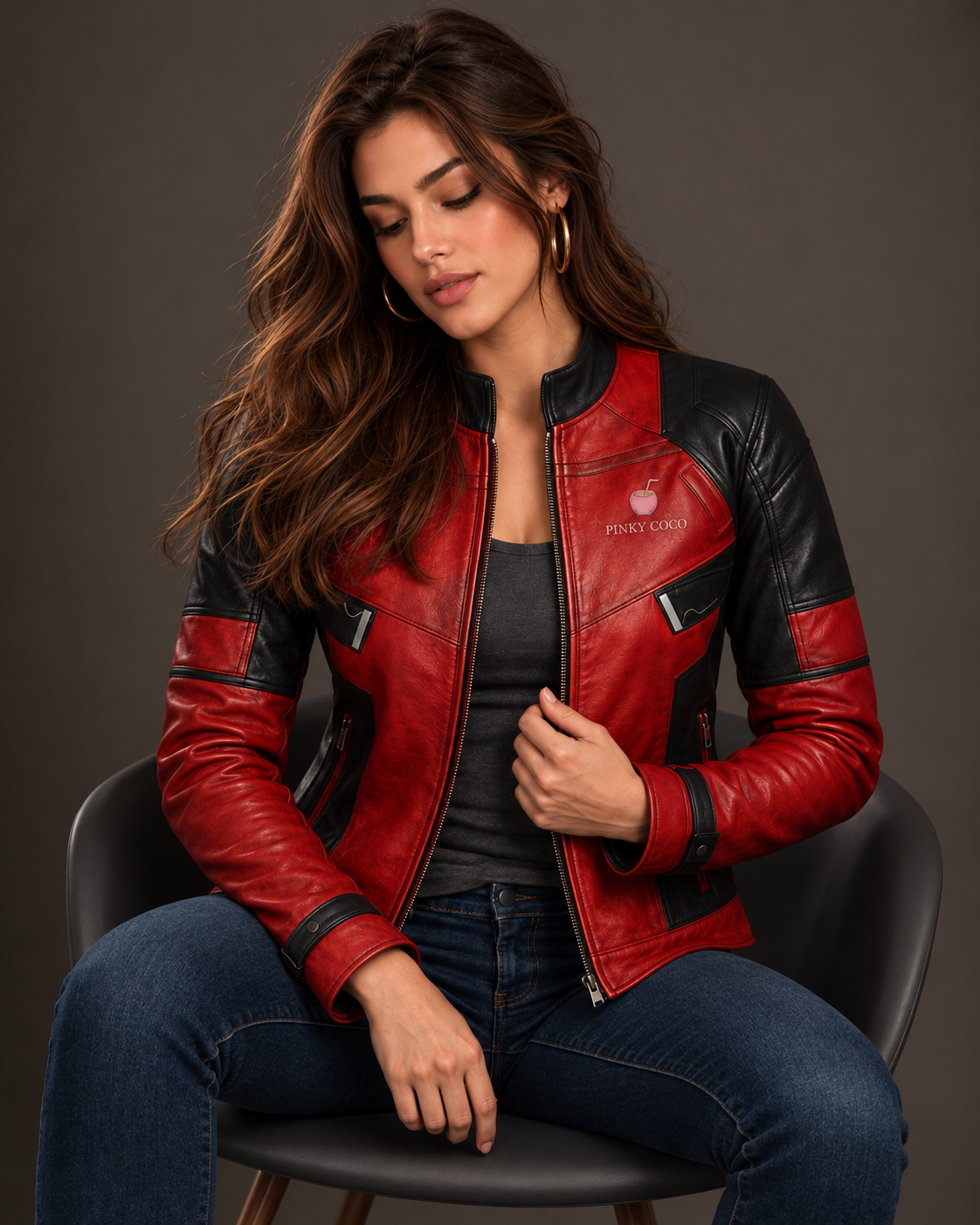 PinkyCoco Crimson Shadow red black leather jacket seated lifestyle view