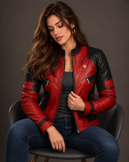 PinkyCoco Crimson Shadow red black leather jacket seated lifestyle view