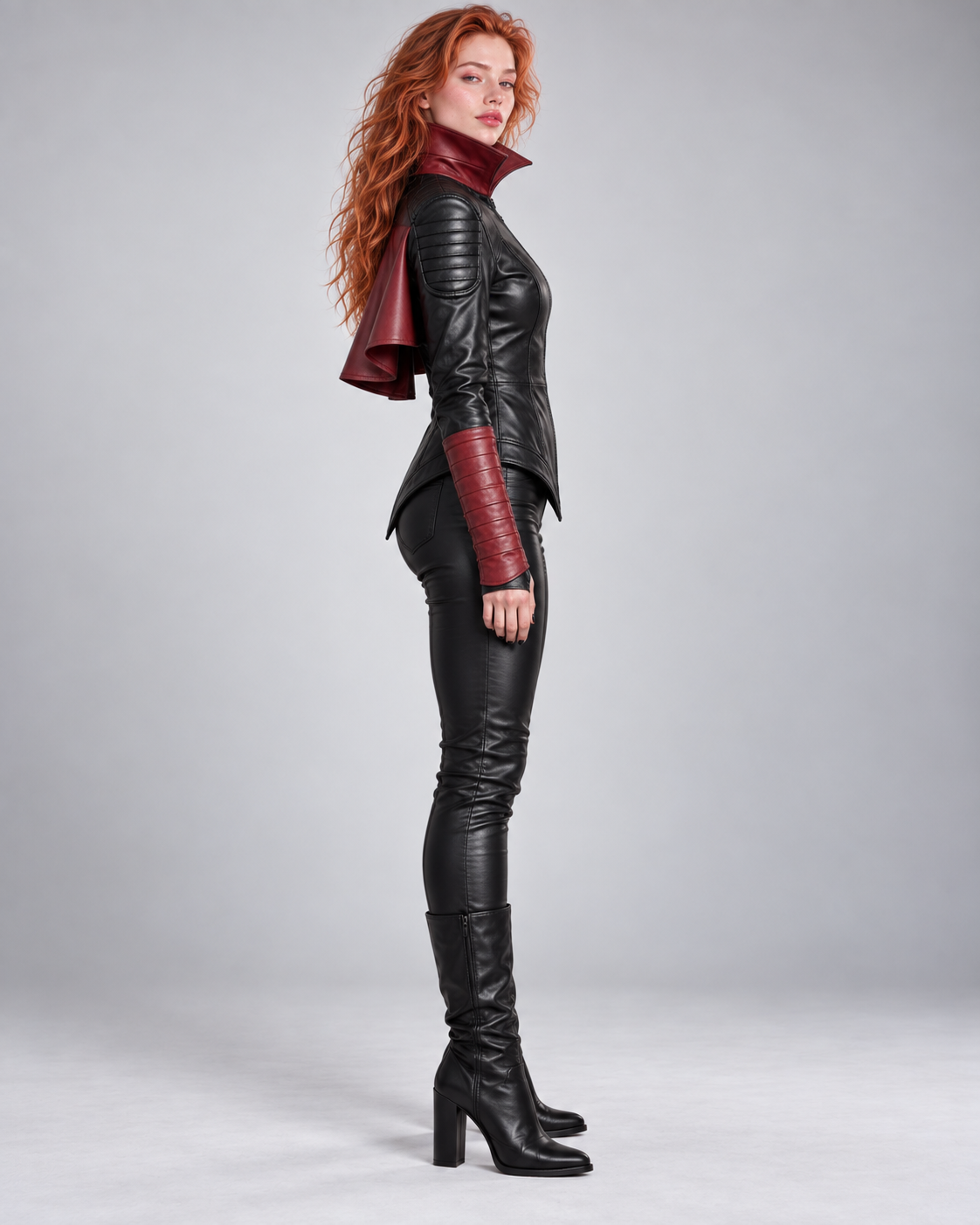 PinkyCoco Crimson Vamp women's black and red gothic leather jacket side full-length view