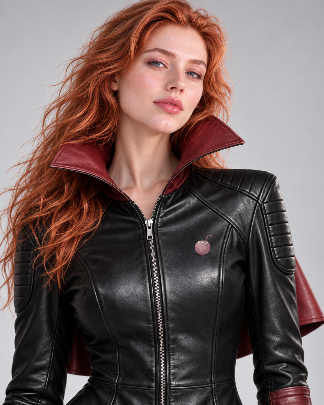PinkyCoco Crimson Vamp black leather jacket red high collar close-up