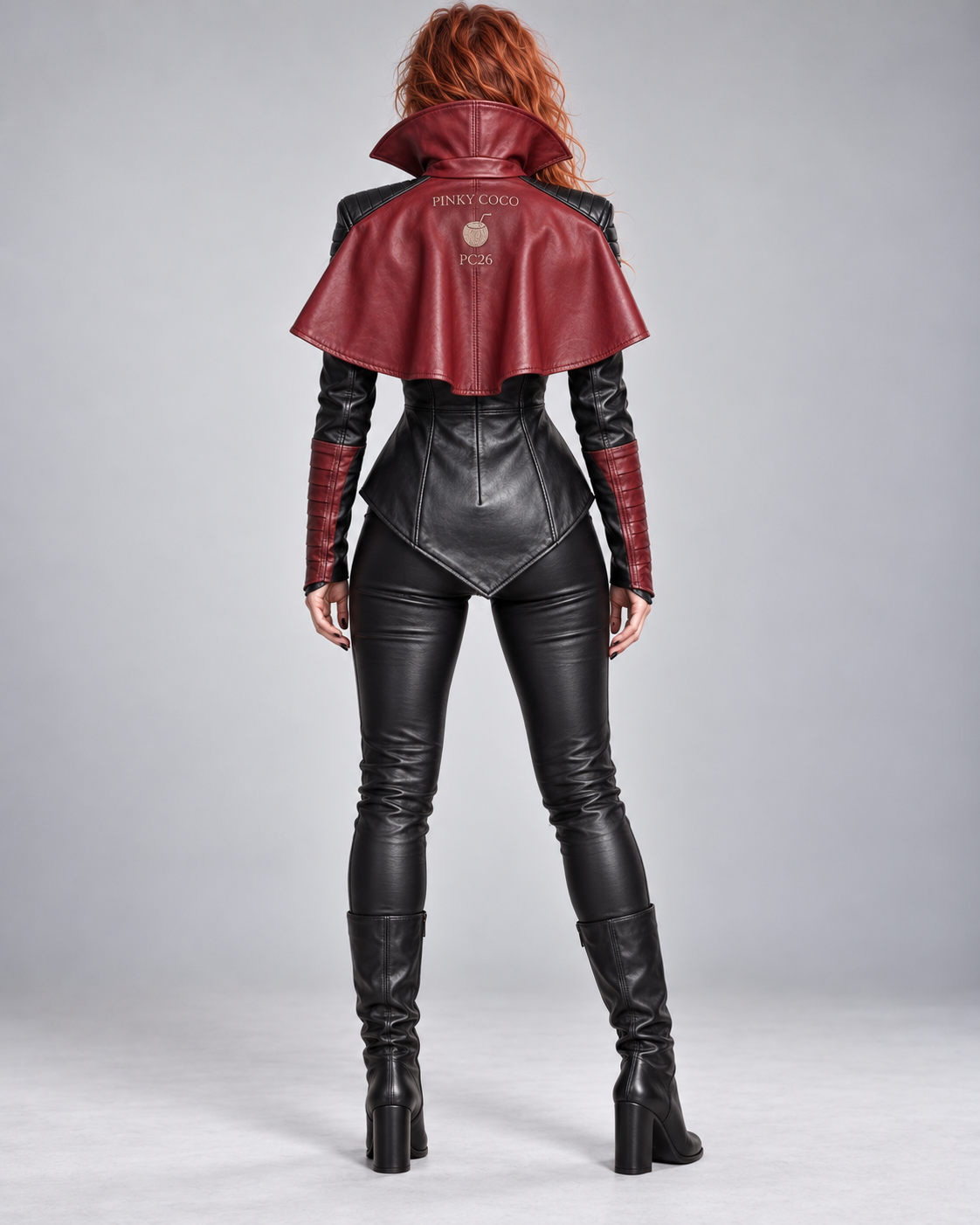 PinkyCoco Crimson Vamp women's jacket back view with red cape collar