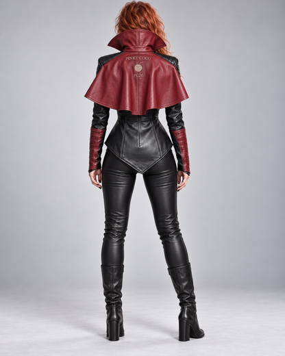 PinkyCoco Crimson Vamp women's jacket back view with red cape collar