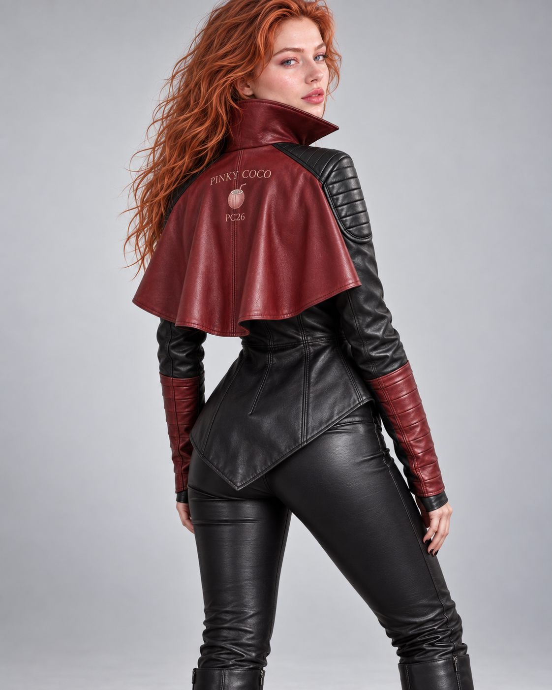 PinkyCoco Crimson Vamp black red gothic leather jacket rear three-quarter view