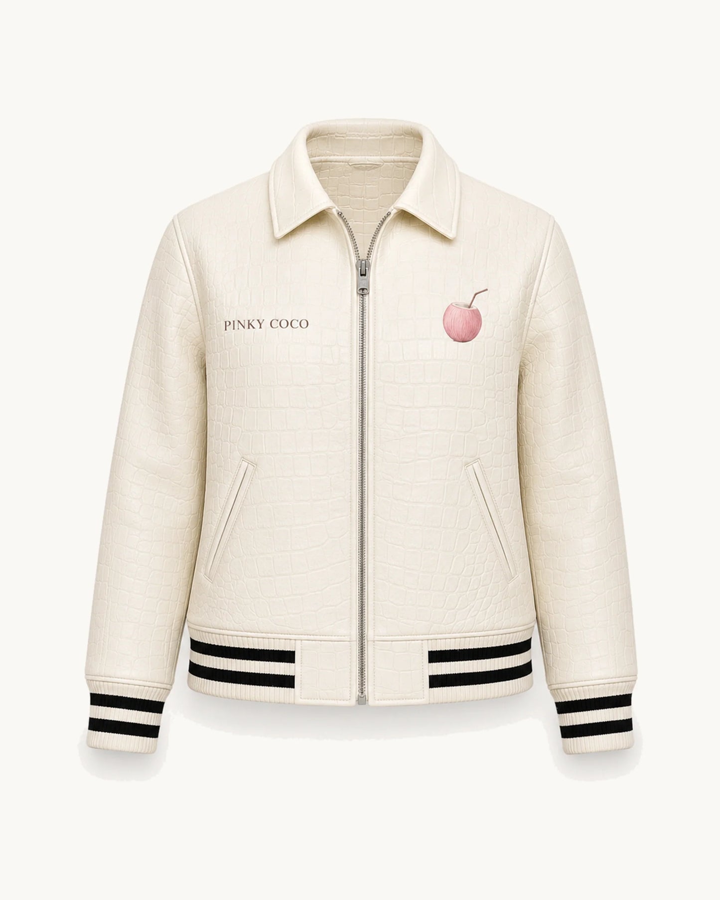 PinkyCoco Croc White Women's Leather Fashion Jacket, front thumbnail on warm ivory background